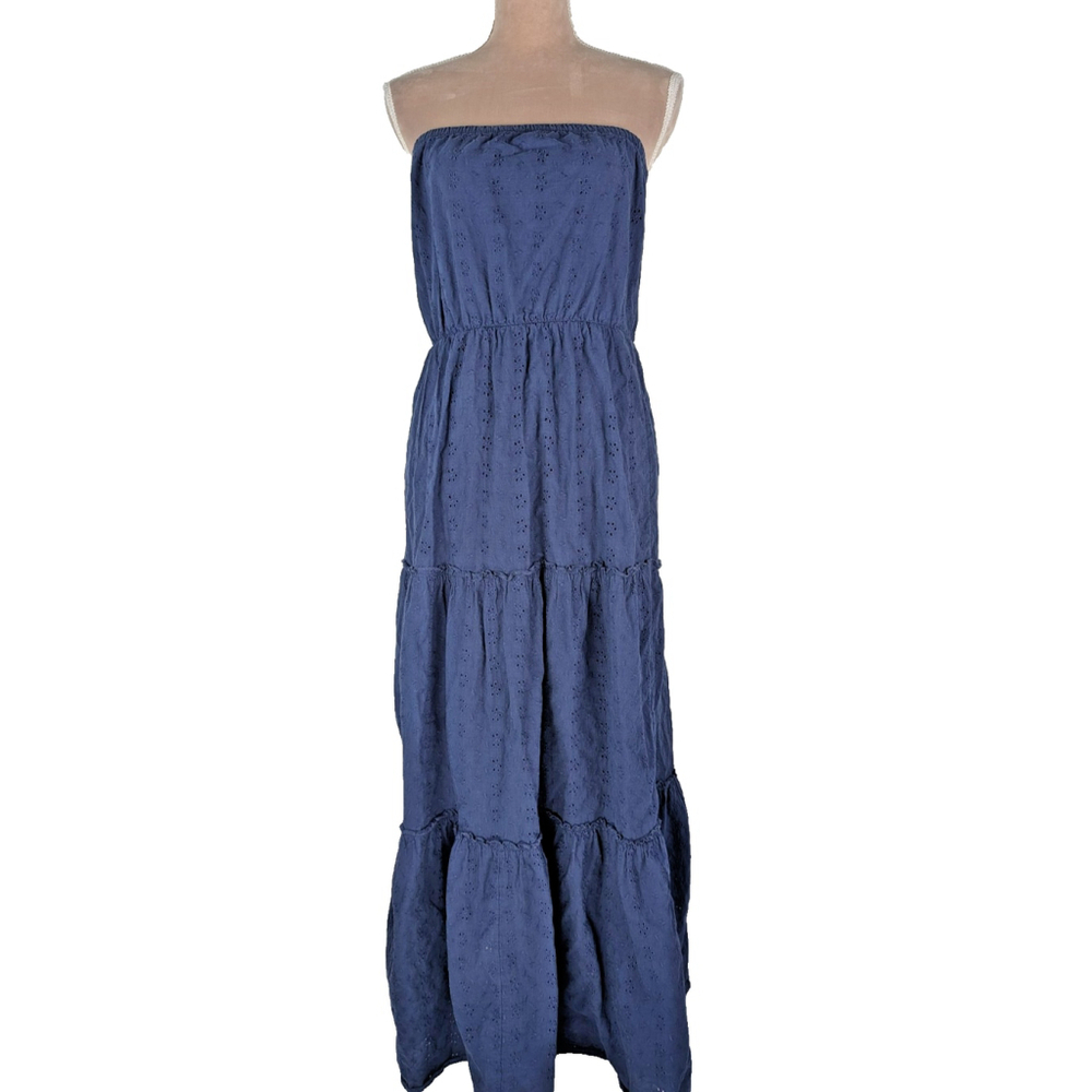 Old Navy Strapless Eyelet Tiered Maxi Dress Navy Blue Sz L Cottagecore Coquette